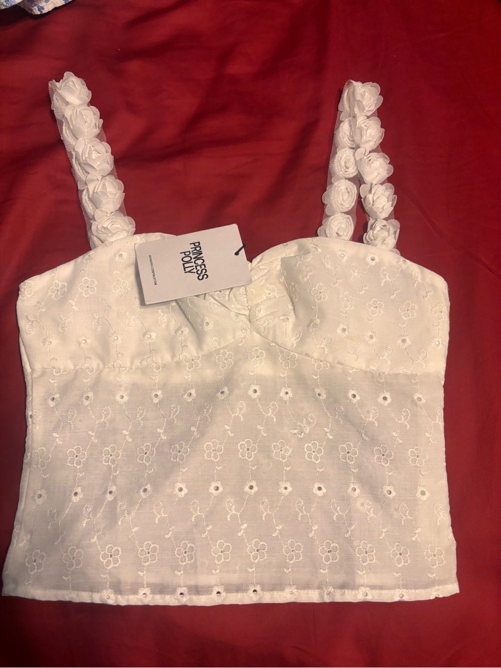 Princess Polly White Eyelet Floral Rose-Strap Cropped Top